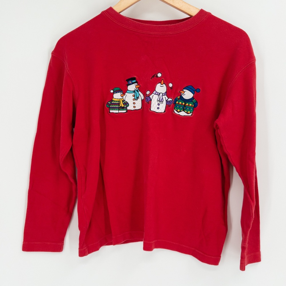Vintage Christmas Long Sleeve Shirt Womens PM Red Snowman Embroidered Granny 90s
